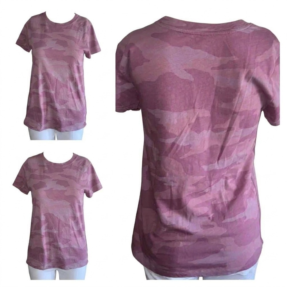 Athleta T-Shirt Womens L Pink Purple Cotton Camouflage Short Sleeve Crew Neck